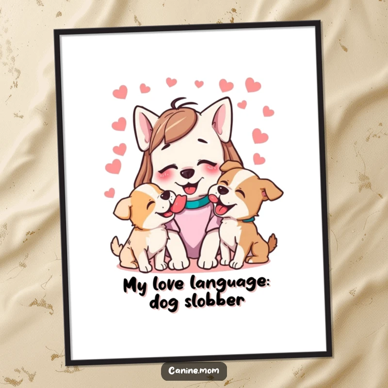 Funny Free Printable Wall Art of a dog lady embracing an enthusiastic, overwhelming cascade of happy dog licks.