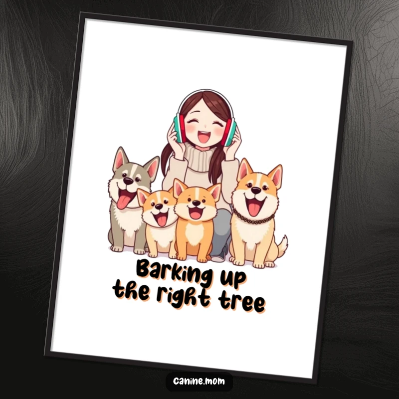 Funny Free Printable Wall Art: Woman wearing earmuffs, dogs barking joyfully, humorous home decor, downloadable art.