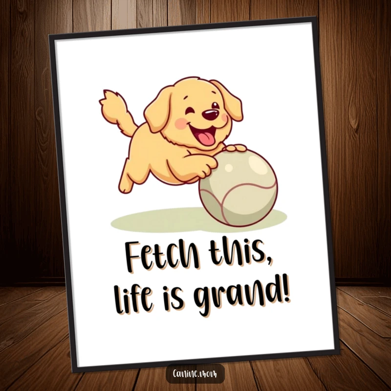 Funny Free Printable Golden Retriever Wall Art: Enthusiastic dog playing fetch with a giant ball, radiating joy.