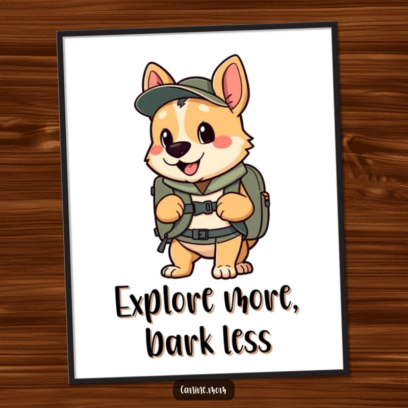 Funny Free Printable Wall Art: Dog with a backpack, looking enthusiastically ready for an exciting adventure, perfect for wanderlust decor.