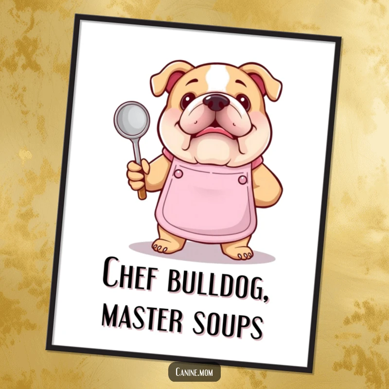 Funny free printable wall art of a proud bulldog wearing an apron, happily holding a soup ladle, ready to cook.