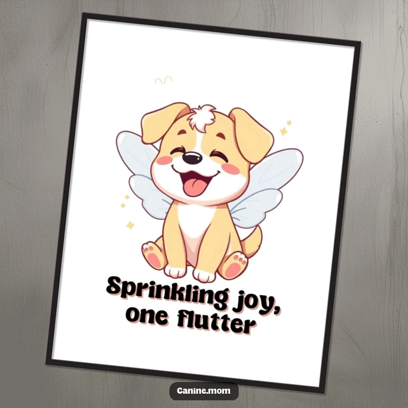 Funny Free Printable Wall Art: A dog smiles with fairy wings, fluttering joyfully to add magical humor to any space.