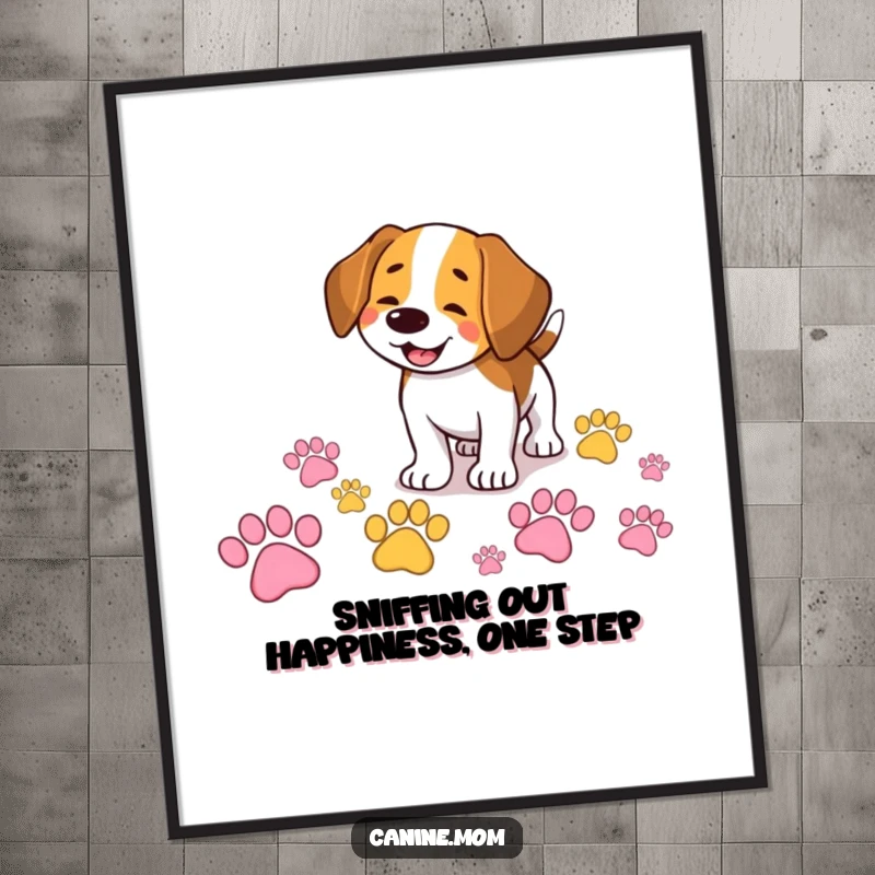 Funny Free Printable Wall Art: A smiling beagle enthusiastically sniffing a vibrant trail of giant, colorful paw prints.
