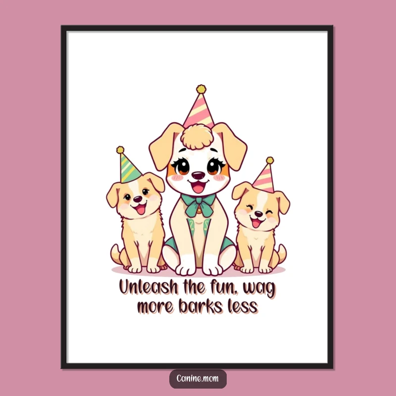 Free Printable Wall Art: Funny Kawaii Dog Lady & Party Hat Dogs Download
