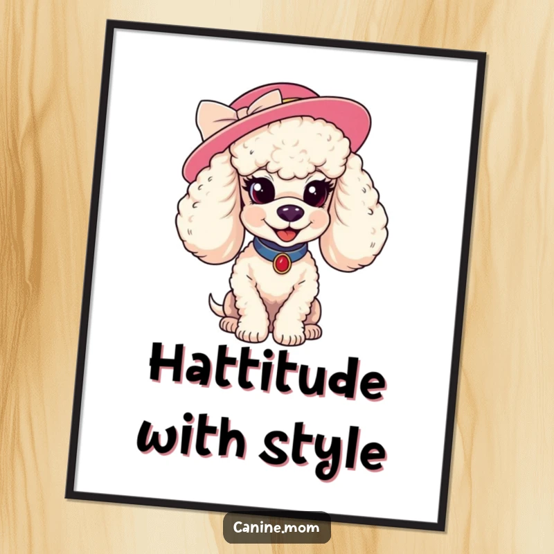 Funny free printable wall art of a coy poodle wearing a fancy hat, exuding glamour and playful sophistication.