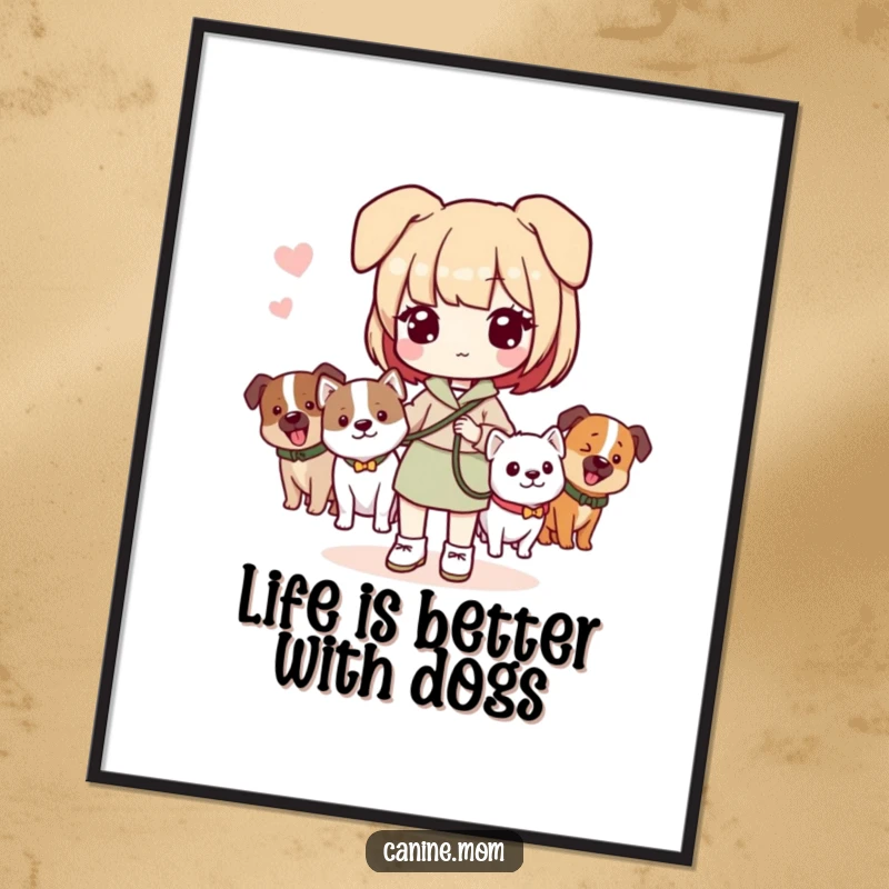 Funny Free Printable Wall Art of a Kawaii dog lady smiling and holding leashes for multiple happy dogs.