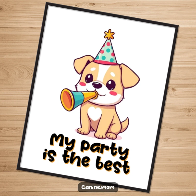 Funny Free Printable Wall Art: A dog wearing a party hat excitedly blows a colorful trumpet, adding festive fun.