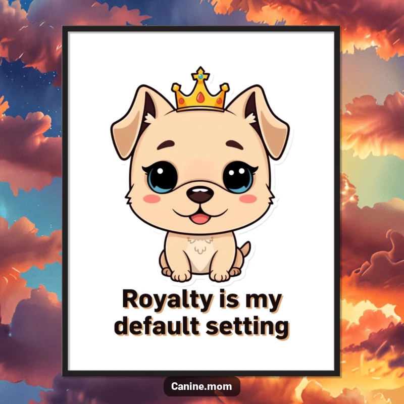 Funny Free Printable Wall Art: A proud dog sits regally wearing a small crown, perfect for humorous, majestic decor.