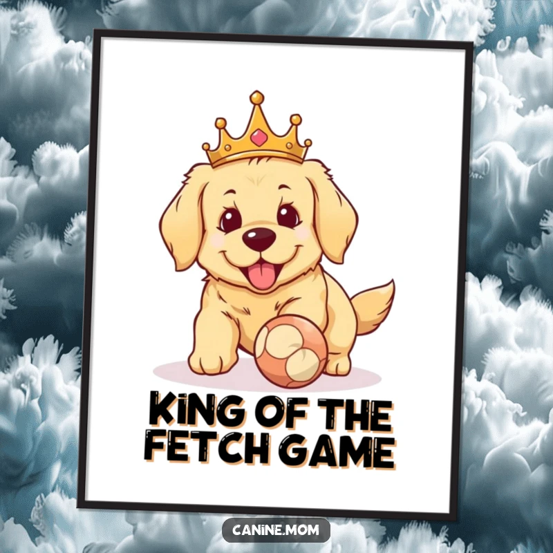 Funny free printable wall art of a golden retriever in a crown, enthusiastically fetching a ball, perfect for dog lovers.