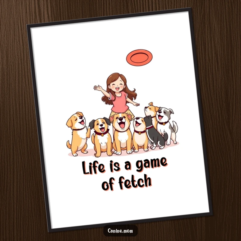 Funny Free Printable Wall Art: Woman throwing frisbee, excited dogs mid-leap, a vibrant scene of outdoor fun.