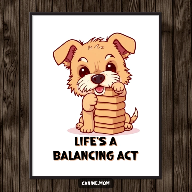 Funny Free Printable Wall Art: A determined terrier hilariously attempting to balance a large pile of dog biscuits.