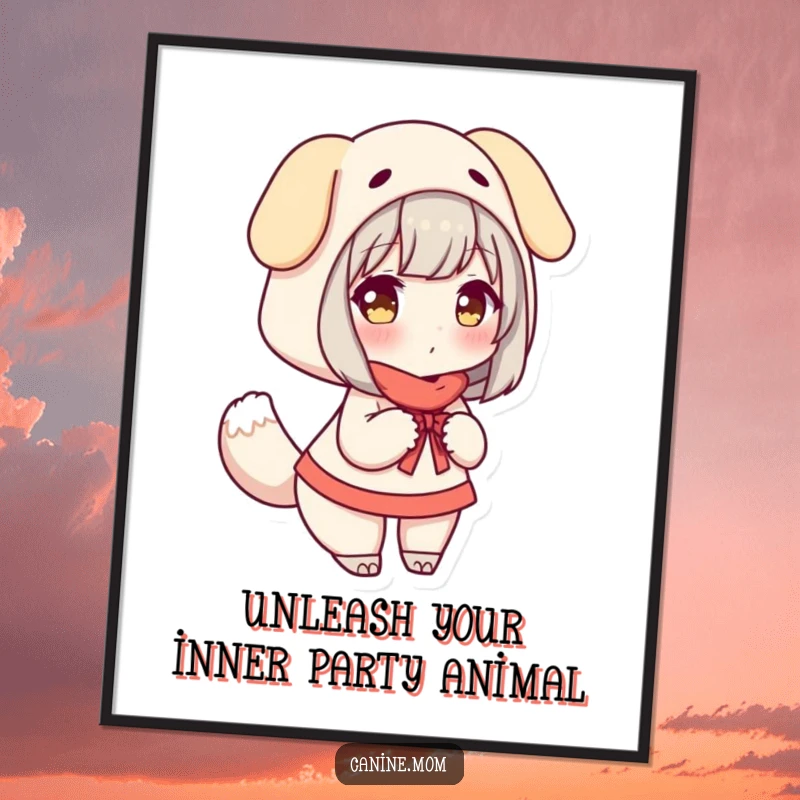 Funny Free Printable Wall Art: Woman dressed as a dog, joyfully wagging her tail, a whimsical and funny piece.