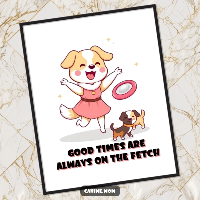 Funny Free Printable Wall Art: Athletic Kawaii dog lady joyfully throwing a frisbee for happy dogs.