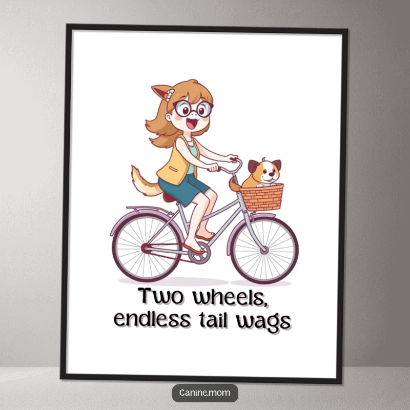 Funny Free Printable Wall Art: Dog lady joyfully riding a bicycle with dogs in a basket, humorous downloadable art.