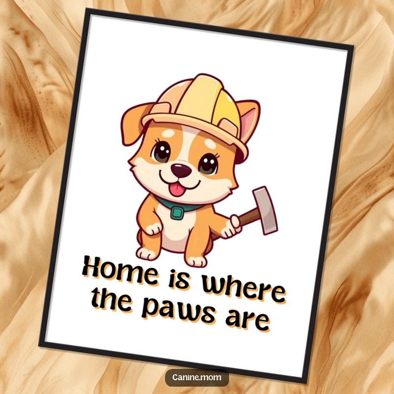 Funny Free Printable Wall Art: A dog in a construction helmet confidently holds a tiny hammer, ready for any project.