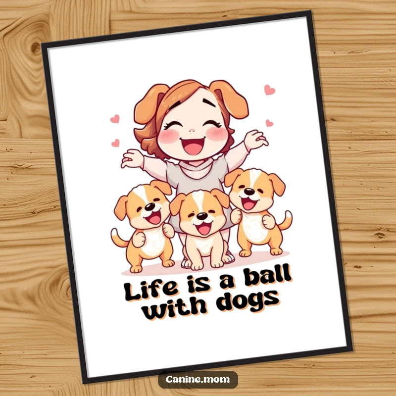 Funny Free Printable Wall Art: A dog lady comically juggles three adorable, wagging puppies in a scene of pure delight.
