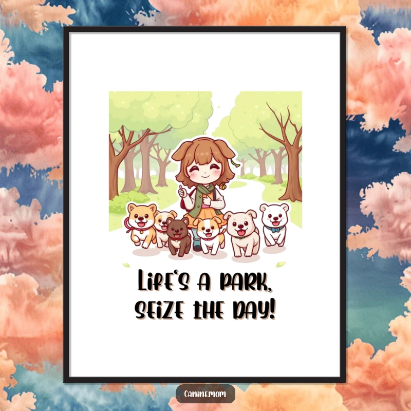 Funny Free Printable Wall Art: Kawaii dog lady enjoying a sunny park day with a pack of happy dogs.