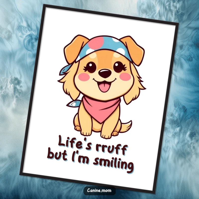 Funny Free Printable Wall Art: Smiling Kawaii dog lady with bandana, radiating happiness and dog lover vibes.