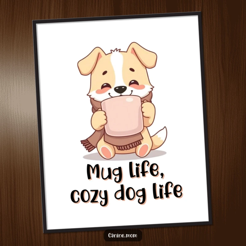 Funny Free Printable Wall Art: Joyful dog wearing a scarf, sipping a large mug, a cozy and humorous downloadable decor.