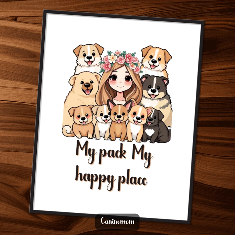 Funny Free Printable Wall Art: Woman in a flower crown, surrounded by adoring dogs, a humorous and charming depiction.