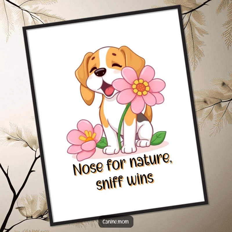 Funny Free Printable Wall Art depicting an overjoyed beagle deeply sniffing a massive, blooming flower, radiating pure happiness.