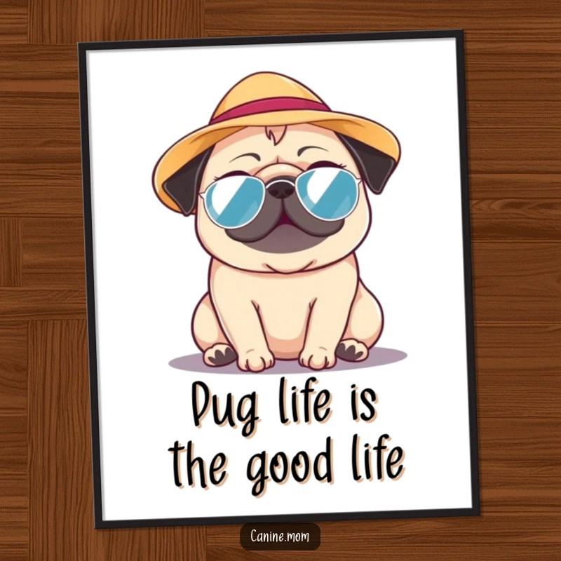 Funny Free Printable Wall Art of a pug wearing a tiny sun hat, enjoying a warm day with infectious, happy energy.
