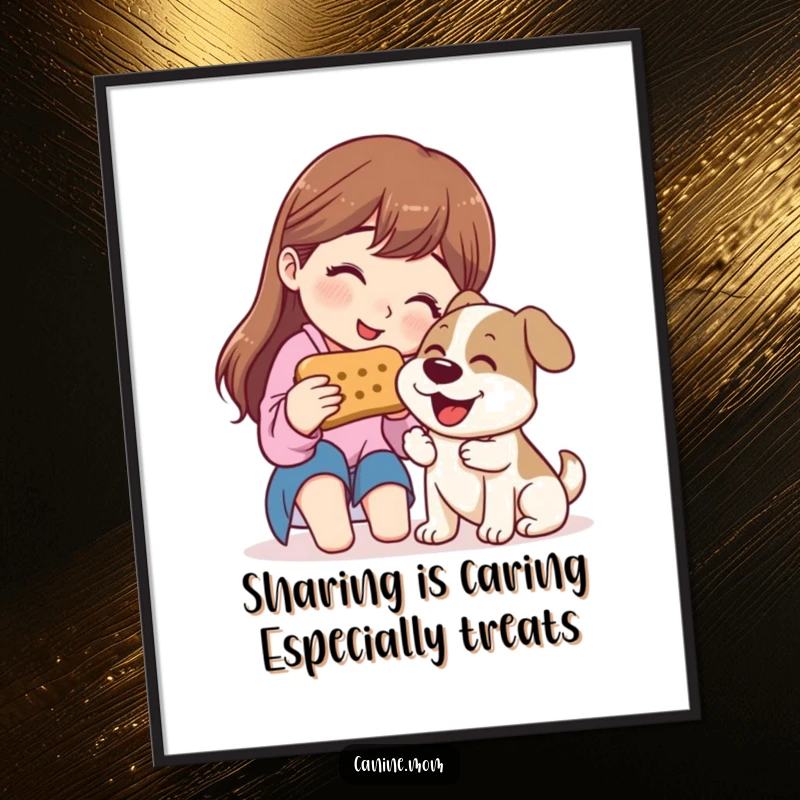 Funny Free Printable Wall Art: Woman sharing a giant dog biscuit with a happy dog, a humorous and heartwarming scene.