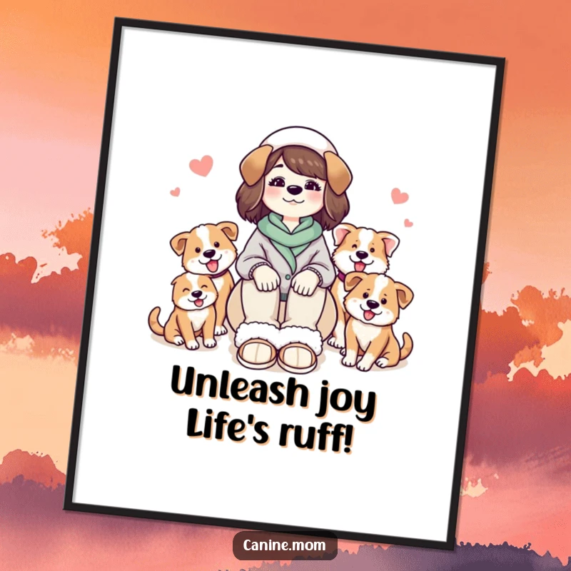 Funny Free Printable Wall Art: A content dog lady in slippers, blissfully surrounded by her cheerfully energetic pack of dogs.