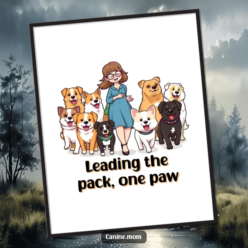 Funny Free Printable Wall Art: Dog lady happily walking a parade of diverse, happy dogs, humorous downloadable art.