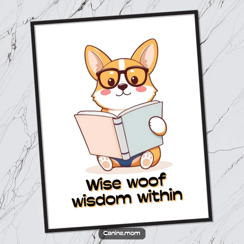 Funny Free Printable Wall Art depicting a corgi with spectacles reading a huge book, adding a whimsical, intellectual touch.