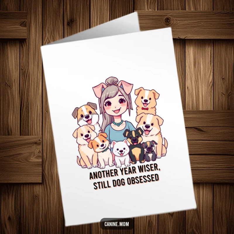 Funny Free Printable Birthday Card featuring a smiling dog lady surrounded by a pack of happy, diverse canine companions.