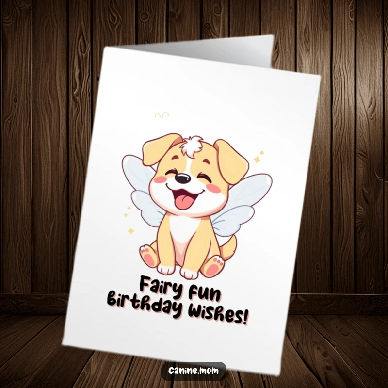 Funny Free Printable Birthday Card: Giggling dog with fairy wings fluttering, spreading birthday joy with a touch of magic.