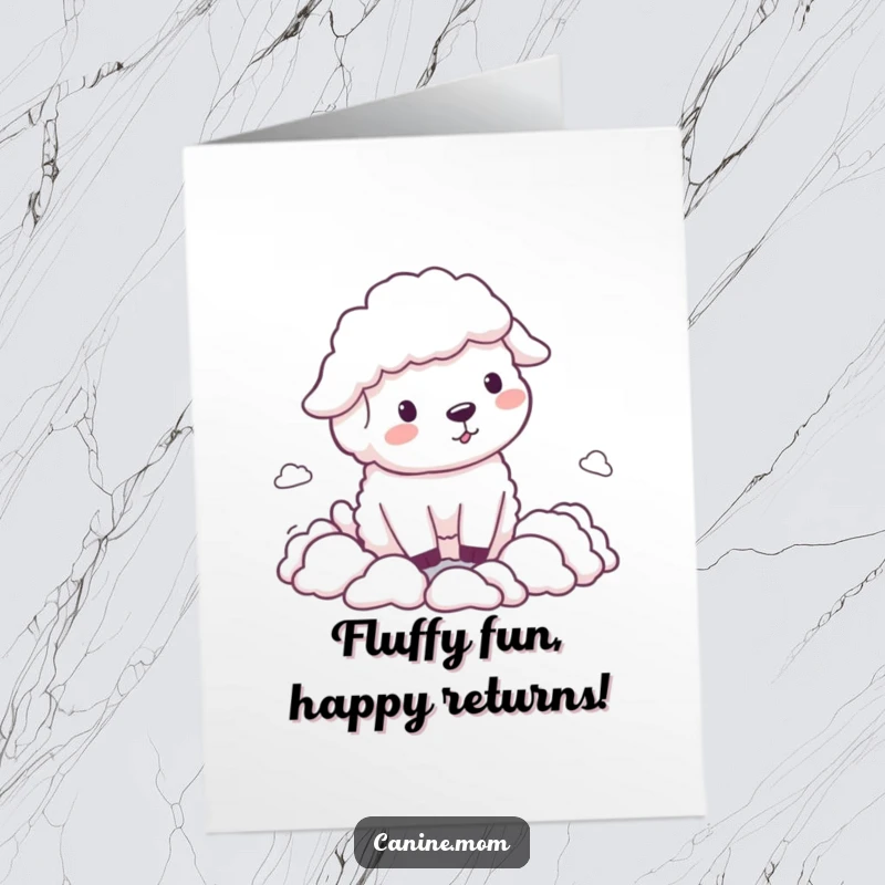 Funny Free Printable Birthday Card featuring a cheerful sheepdog herding whimsical cloud shapes, perfect for a lighthearted celebration.