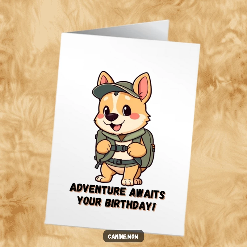 Funny Free Printable Birthday Card: Dog with a backpack, eager and enthusiastic about starting a birthday adventure.