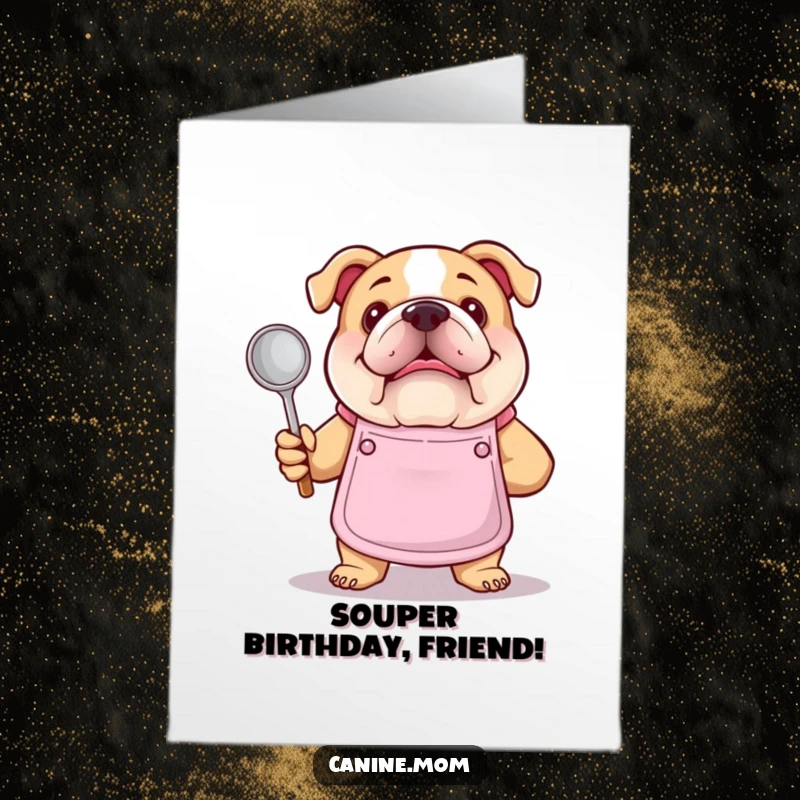 Funny free printable birthday card featuring a bulldog chef in an apron holding a soup ladle with a proud expression.