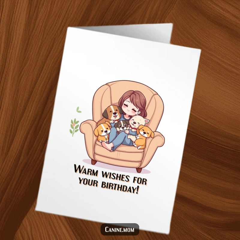 Funny Free Printable Birthday Card: Woman relaxing in armchair, surrounded by cuddly dogs, a scene of pure comfort.