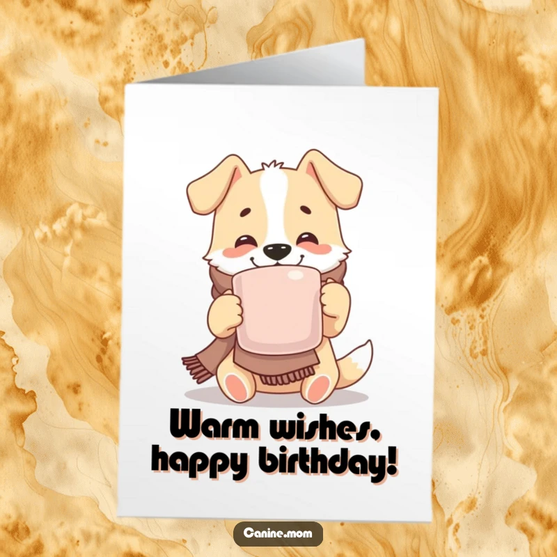 Funny Free Printable Birthday Card: Dog in scarf sipping from mug, a cozy and joyous downloadable gift.