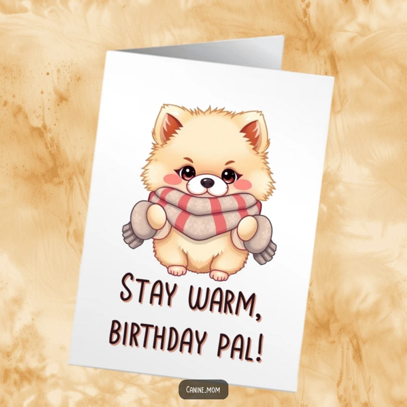 Funny Free Printable Birthday Card: A fluffy Pomeranian dressed in a warm scarf and mittens, ready for winter.
