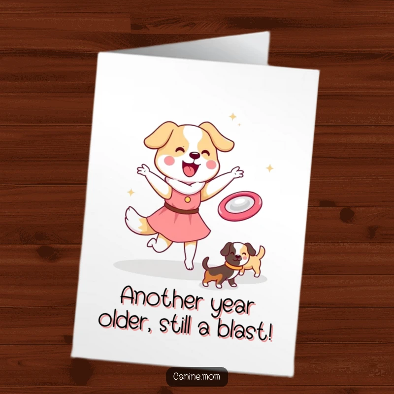 Funny Free Printable Birthday Card: Kawaii dog lady enthusiastically throwing a frisbee for happy dogs.