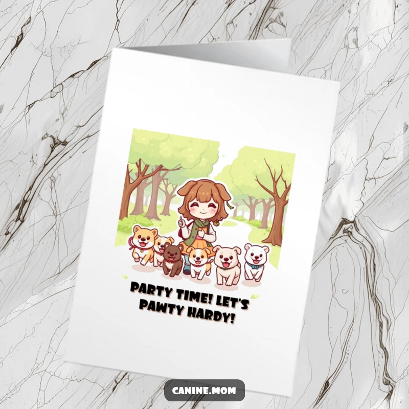 Funny Free Printable Birthday Card: Kawaii dog lady in a park surrounded by joyful, running dogs.