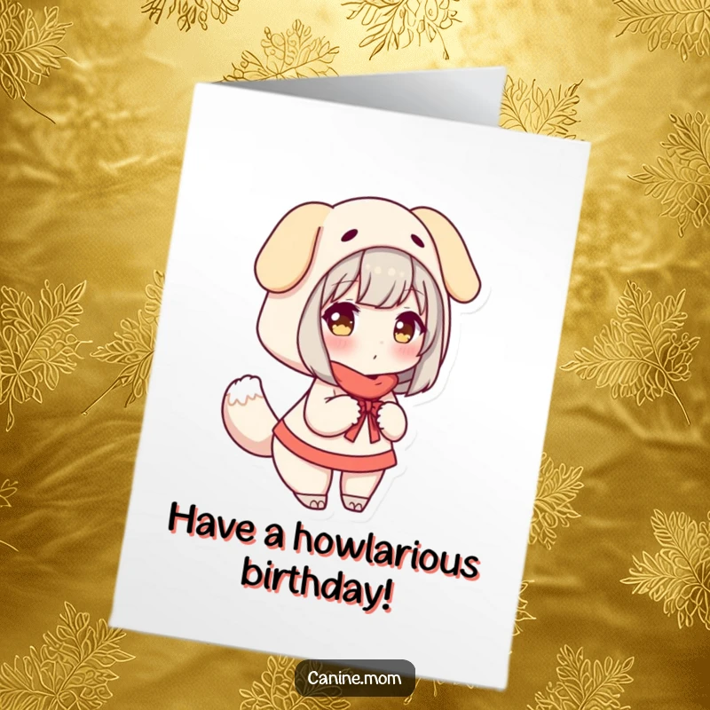 Funny Free Printable Birthday Card: Woman dressed as a dog, enthusiastically wagging her tail, pure comical joy.