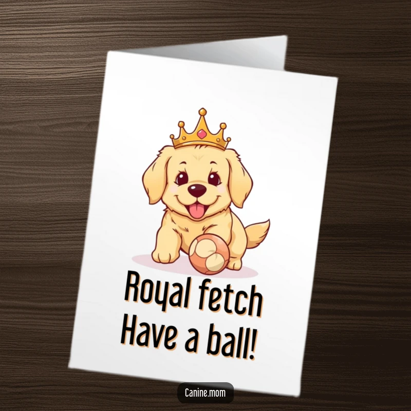 Funny free printable birthday card featuring a golden retriever in a crown, ready to fetch a ball with pure joy.