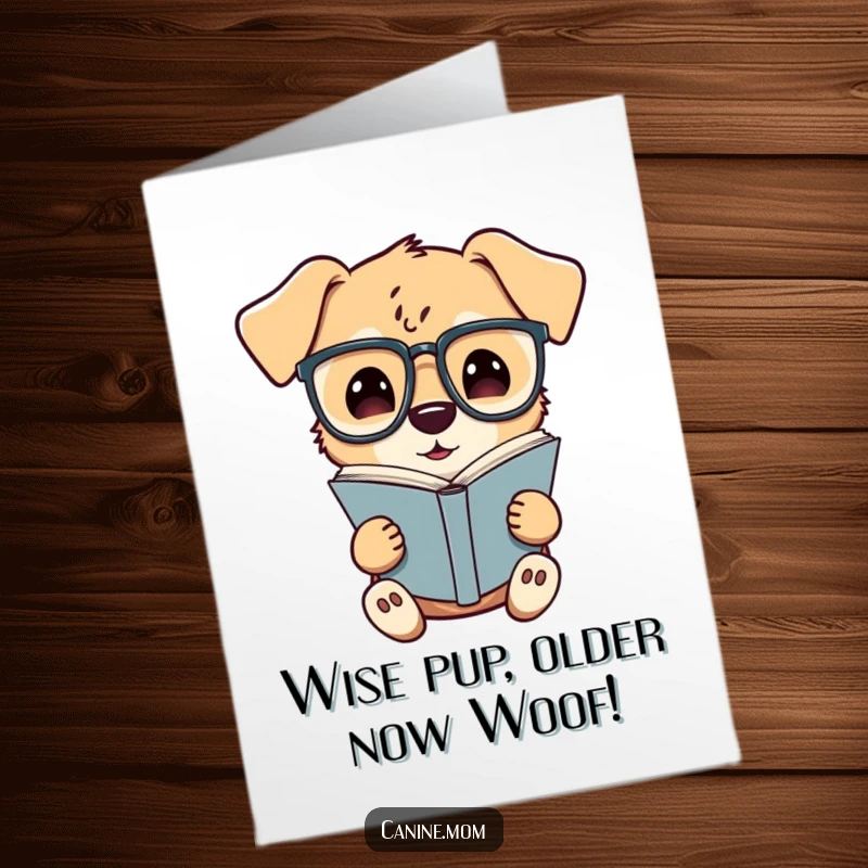 Funny Free Printable Birthday Card: Curious dog in spectacles reading a book, a delightful downloadable gift for bibliophiles.