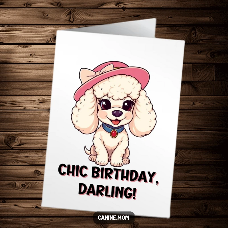 Funny free printable birthday card featuring a glamorous poodle in a fancy hat, smiling coyly with a playful wink.