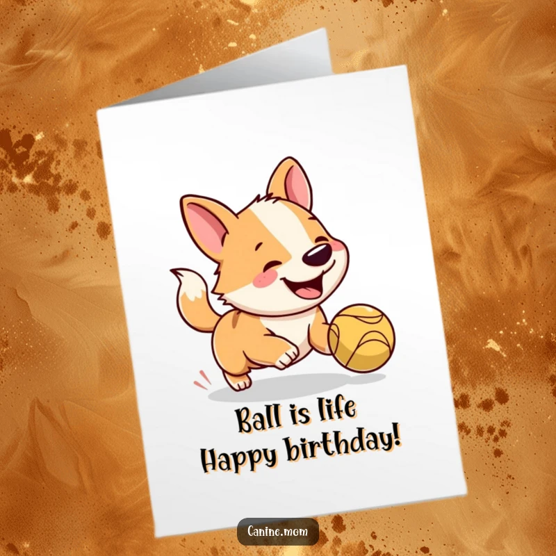 Funny Free Printable Birthday Card: Excited dog with wagging tail joyfully chasing a bright red bouncing ball.