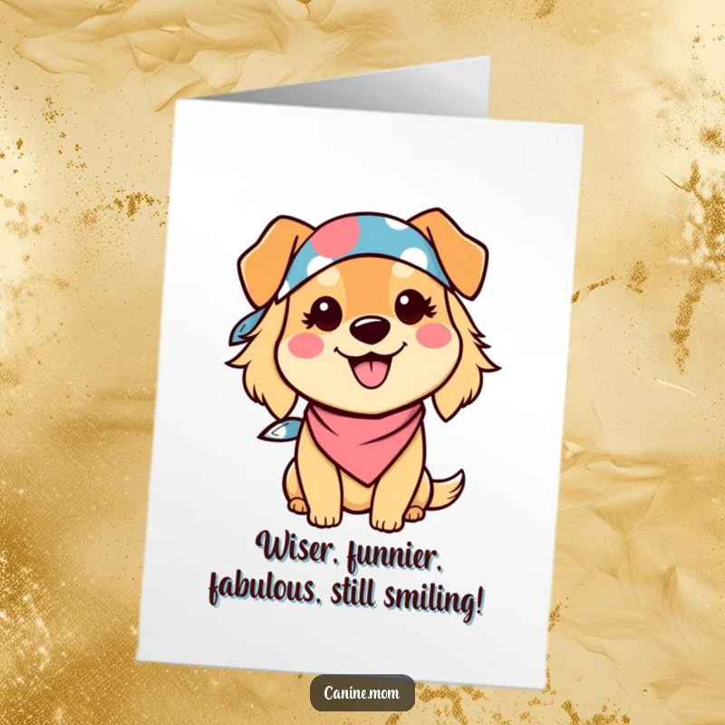 Funny Free Printable Birthday Card: Kawaii dog lady with bandana, big smile, sending happy birthday wishes.