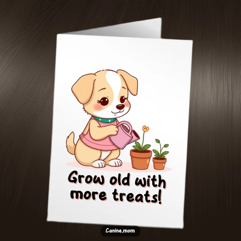 Funny Free Printable Birthday Card: Dog lady watering a potted plant that sprouts dog treats with a tiny can.