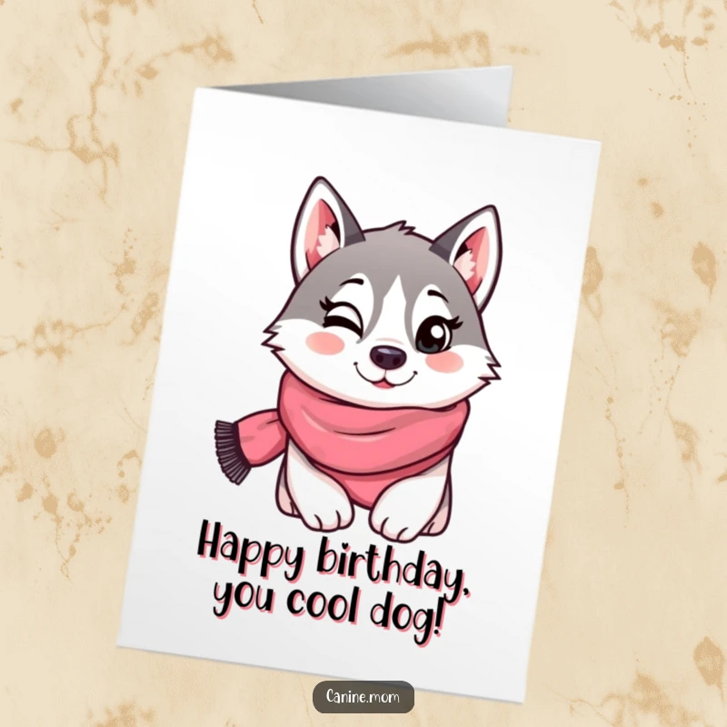 Funny Free Printable Birthday Card: A stylish husky in a scarf gives a playful wink, a cool downloadable surprise.