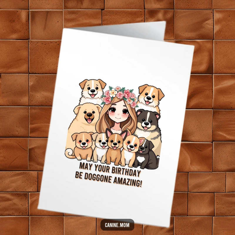 Funny Free Printable Birthday Card: Woman in flower crown adored by many dogs, a regal and hilarious celebration.