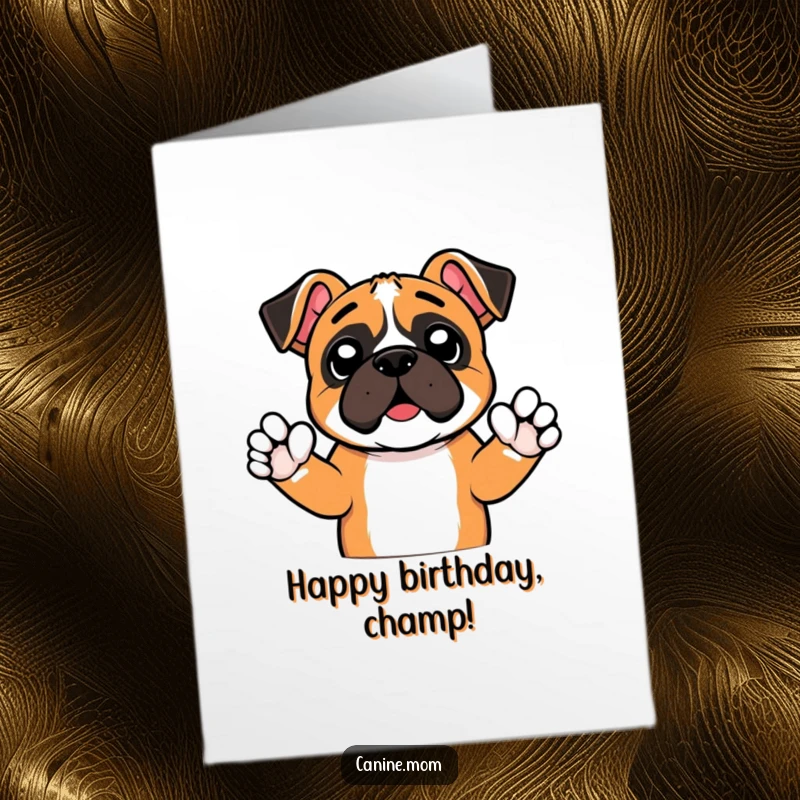 Funny Free Printable Birthday Card: An excited boxer cheers with tiny paws raised, a true downloadable victory card.